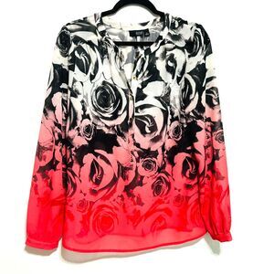 a.n.a. Roses Floral Top Sz M Black White Red 1/2 Button Front Tunic